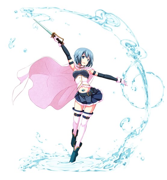 Anime picture 1665x1800 with mahou shoujo madoka magica shaft (studio) miki sayaka tsukumo single tall image short hair open mouth blue eyes simple background white background blue hair girl thighhighs skirt gloves navel weapon white thighhighs sword