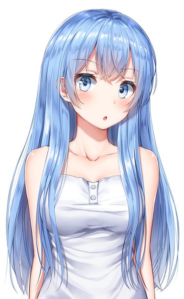 Anime picture 900x1457 with original superpig (wlstjqdla) single long hair tall image looking at viewer blush fringe breasts blue eyes simple background hair between eyes white background bare shoulders blue hair upper body :o sleeveless girl