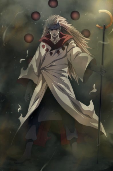 Anime picture 2239x3400 with naruto studio pierrot naruto (series) uchiha madara jbeenz single long hair tall image highres blonde hair purple eyes sky cloud (clouds) coloring magic dust rinnegan boy cloak staff