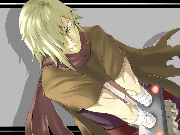 Anime picture 1202x901 with tengen toppa gurren lagann gainax viral ojaga single fringe blonde hair yellow eyes hair over one eye teeth sharp teeth boy cloak bandage (bandages) handcuffs