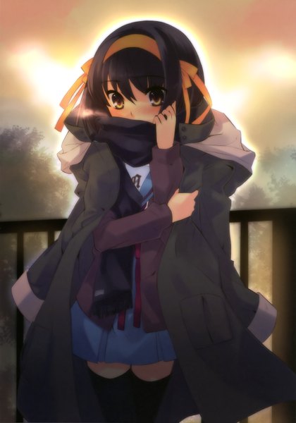 Anime picture 4709x6725 with suzumiya haruhi no yuutsu kyoto animation suzumiya haruhi itou noiji single tall image looking at viewer blush fringe highres short hair hair between eyes standing holding yellow eyes absurdres outdoors pleated skirt sunlight embarrassed