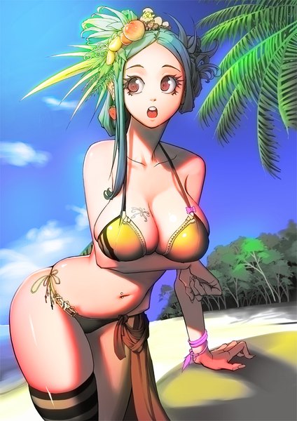 Anime picture 620x877 with original jellytits-7 single long hair tall image breasts open mouth light erotic large breasts standing bare shoulders brown eyes looking away sky cloud (clouds) fingernails aqua hair arm support teeth :o