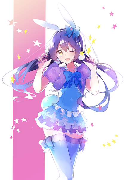 Anime picture 600x839 with love live! school idol project sunrise (studio) love live! sonoda umi atsumi jun single long hair tall image open mouth animal ears yellow eyes purple hair one eye closed bunny ears zettai ryouiki puffy sleeves fake animal ears girl thighhighs bow