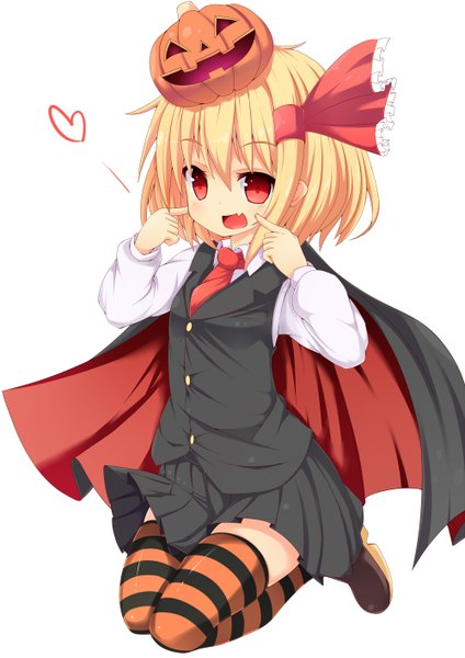 Anime picture 1000x1414 with touhou rumia gamuo single tall image blush short hair open mouth simple background blonde hair red eyes white background loli halloween girl thighhighs skirt miniskirt striped thighhighs skirt set