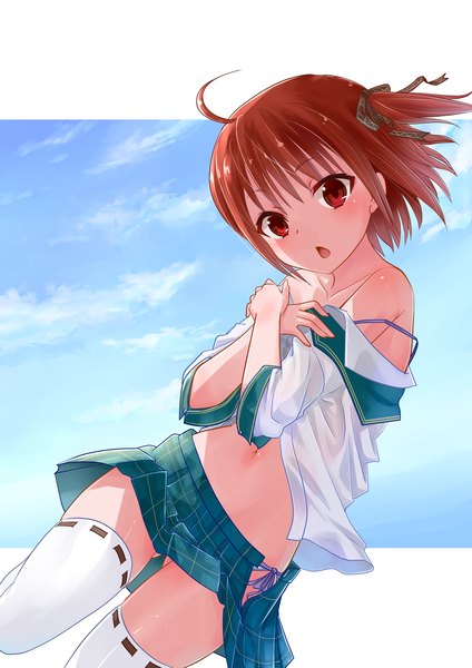 Anime picture 2480x3508 with original kakuyuki single tall image looking at viewer highres short hair open mouth light erotic red eyes brown hair girl thighhighs skirt navel uniform ribbon (ribbons) hair ribbon school uniform white thighhighs