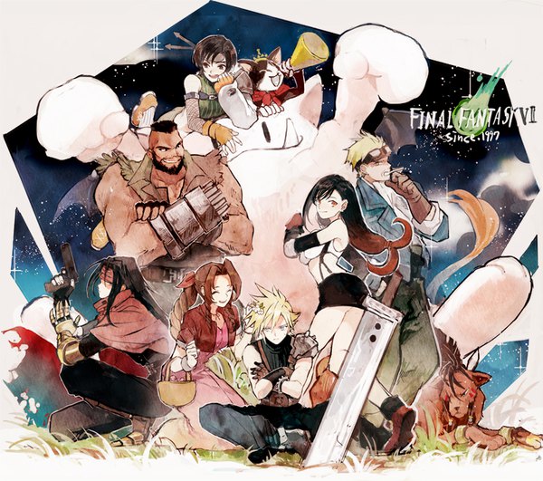 Anime picture 800x708 with final fantasy final fantasy vii square enix tifa lockhart aerith gainsborough cloud strife yuffie kisaragi vincent valentine cait sith red xiii barret wallace cid highwind gomosawa long hair short hair black hair blonde hair smile brown hair bare shoulders