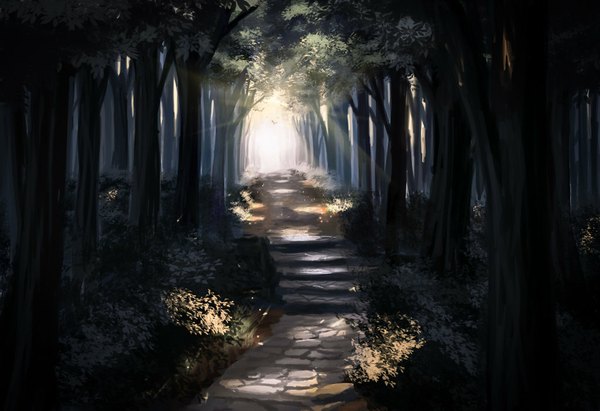 Anime picture 1024x702 with original sylar113 outdoors sunlight light no people landscape scenic nature plant (plants) tree (trees) forest stairs road