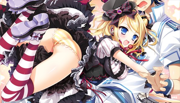 Anime picture 1427x820 with mayoeru futari to sekai no subete hirohara nayuta yagami kazuma blush short hair open mouth blue eyes light erotic blonde hair wide image game cg ass couple hug girl thighhighs dress boy underwear panties