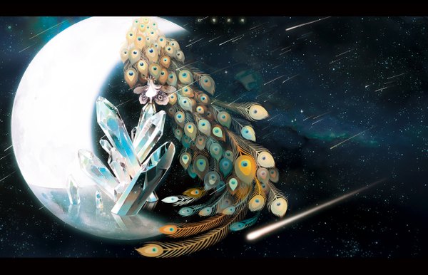 Anime picture 2483x1600 with original sarnath highres sky very long hair barefoot letterboxed crescent insect wings meteor rain surreal girl animal wings water bird (birds) moon star (stars) feather (feathers) crystal