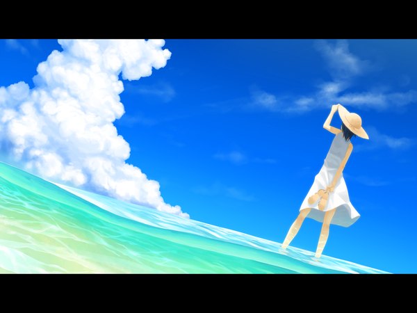 Anime picture 1920x1440 with original sakais3211 single highres short hair standing bare shoulders holding blue hair sky cloud (clouds) wind from behind from below letterboxed summer girl hat water shoes