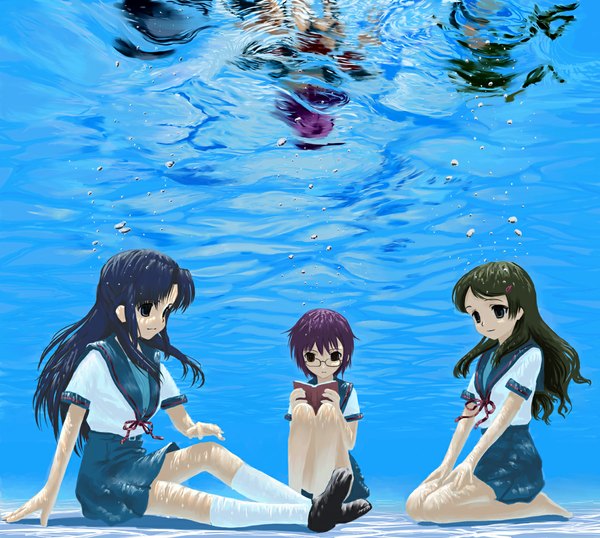 Anime picture 1141x1024 with suzumiya haruhi no yuutsu kyoto animation nagato yuki asakura ryouko kimidori emiri mocha (snowflake) long hair short hair sitting multiple girls brown eyes green eyes blue hair purple hair barefoot green hair light smile grey hair grey eyes kneeling