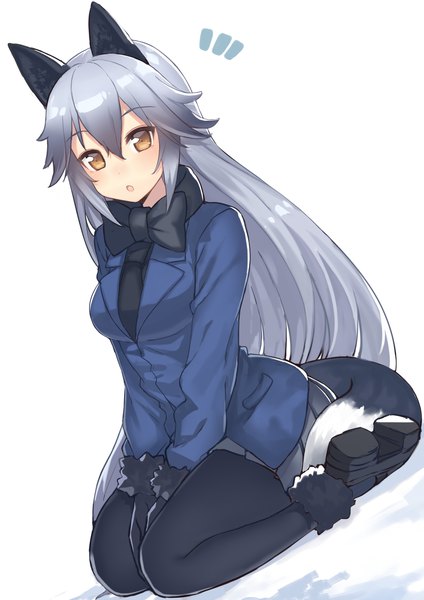 Anime picture 1307x1850 with kemono friends silver fox (kemono friends) hajime kaname single long hair tall image fringe simple background hair between eyes white background sitting brown eyes animal ears silver hair full body tail animal tail fur trim fox ears fox tail