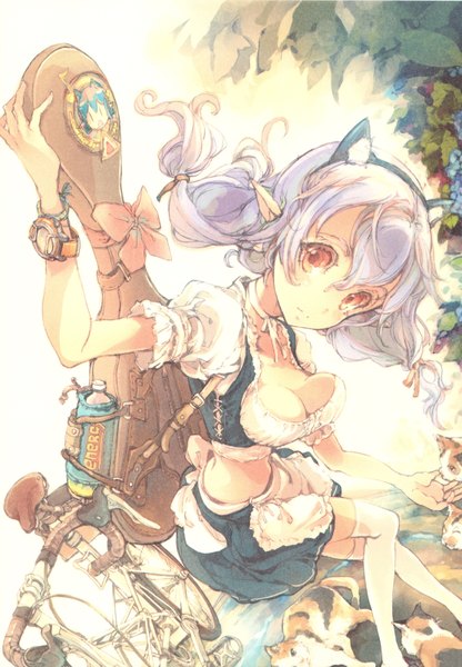 Anime picture 1111x1600 with endou okito single long hair tall image looking at viewer breasts light erotic red eyes animal ears silver hair pointy ears cat ears girl thighhighs bow white thighhighs