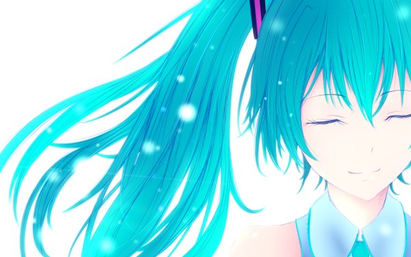 Anime picture 1280x800 with vocaloid hatsune miku sely single long hair simple background wide image white background twintails bare shoulders eyes closed light smile aqua hair girl