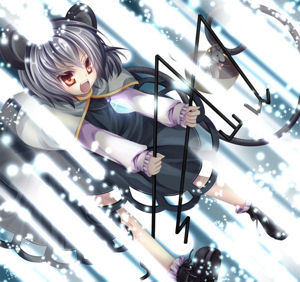 Anime picture 1500x1414 with touhou nazrin mikazuki sara short hair open mouth black hair red eyes animal ears teeth fang (fangs) jumping mouse ears danmaku girl animal mouse