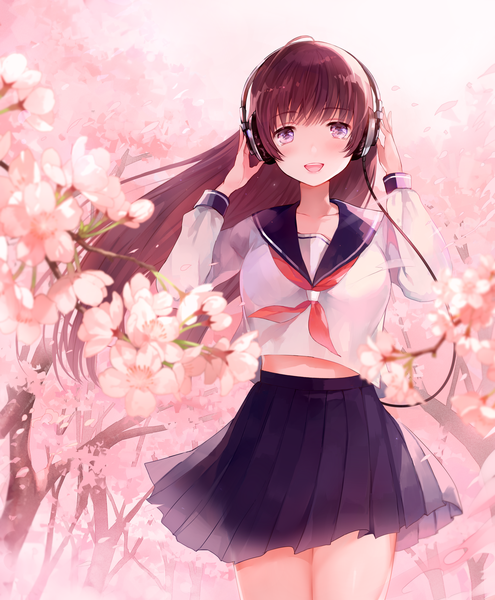Anime picture 1500x1818 with original tlla (artist) single long hair tall image looking at viewer blush fringe open mouth brown hair standing purple eyes outdoors long sleeves :d pleated skirt blurry depth of field floating hair cherry blossoms