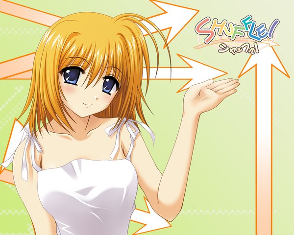 Anime picture 1280x1024 with shuffle! fuyou kaede nishimata aoi single looking at viewer fringe short hair blue eyes smile hair between eyes ahoge upper body head tilt arm up orange hair copyright name green background girl dress bow