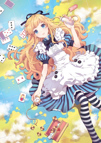 Anime picture 676x950 with alice in wonderland alice (wonderland) nardack single tall image looking at viewer blush fringe breasts blue eyes blonde hair holding bent knee (knees) white hair parted lips from above puffy sleeves tears checkerboard cookie girl