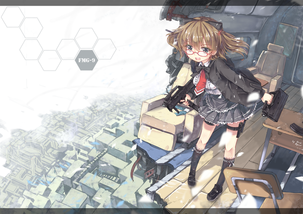 Anime picture 1800x1273 with original north abyssor single highres short hair brown hair grey eyes destruction girl uniform school uniform petals socks glasses necktie gun black socks