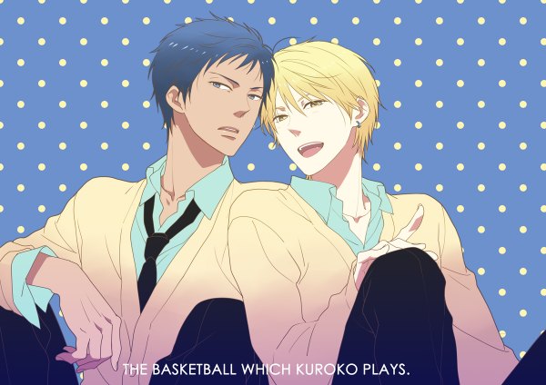 Anime picture 1200x848 with kuroko no basket kuroko's basketball production i.g kise ryouta aomine daiki shiramatsu short hair open mouth blue eyes blonde hair yellow eyes blue hair inscription multiple boys dark skin polka dot polka dot background boy uniform school uniform