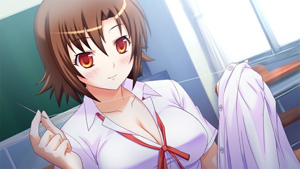 Anime picture 1024x576 with primary step blush short hair red eyes brown hair wide image game cg girl serafuku