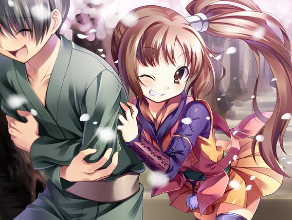 Anime picture 1000x755 with bucchake (asami) long hair short hair open mouth black hair smile brown hair brown eyes ponytail traditional clothes japanese clothes one eye closed wink couple side ponytail girl boy petals kimono