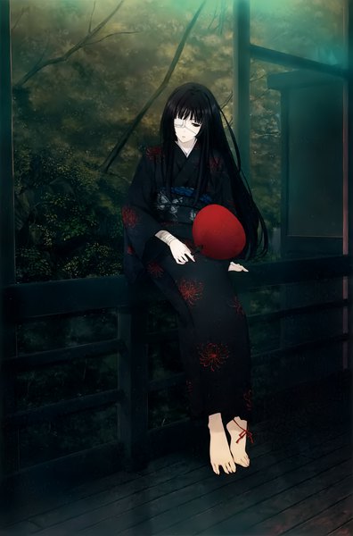 Anime picture 2643x4000 with innocent grey yomiko (innocent grey) sugina miki single long hair tall image fringe highres black hair sitting holding brown eyes full body blunt bangs traditional clothes japanese clothes barefoot scan official art floral print