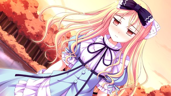 Anime picture 1920x1080 with shukufuku no campanella avril long hair blush highres blonde hair red eyes wide image game cg loli evening sunset girl dress
