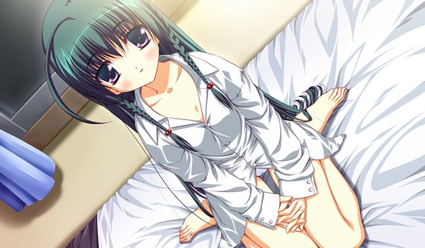 Anime picture 1536x900 with yumemiru koi no musubikata light erotic black hair wide image purple eyes game cg braid (braids) twin braids girl shirt bed