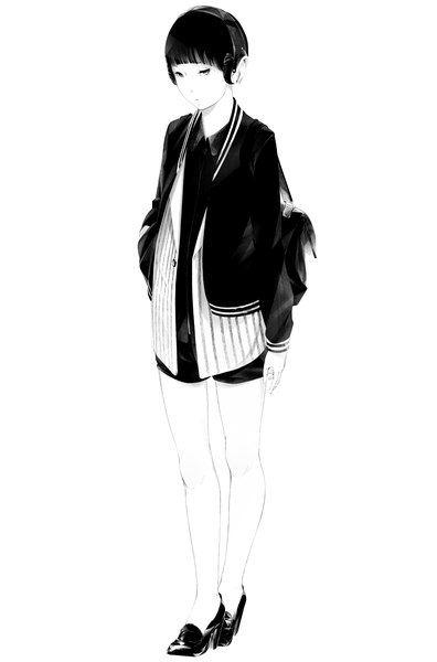 Anime picture 1321x2000 with original sousou (sousouworks) single tall image looking at viewer short hair black hair simple background white background full body high heels monochrome casual girl shirt shoes headphones backpack