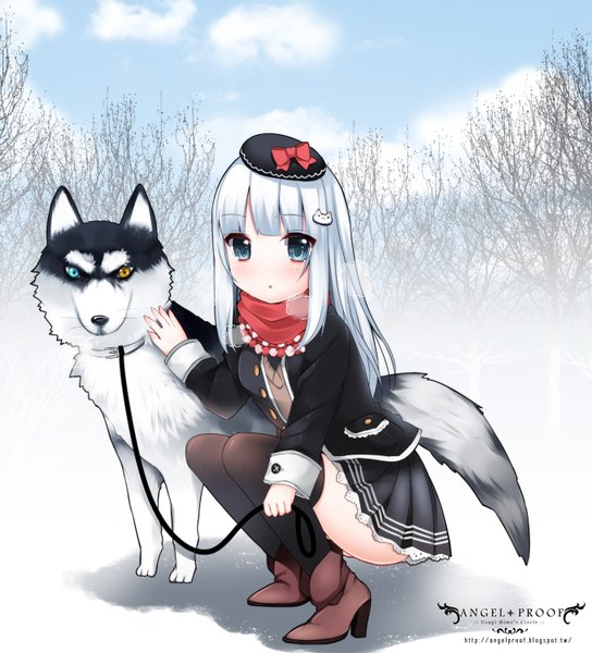 Anime picture 1360x1500 with original usagihime single long hair tall image blue eyes white hair heterochromia winter girl thighhighs skirt black thighhighs animal boots scarf beret dog