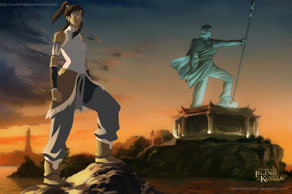 Anime picture 2000x1335 with avatar: the legend of korra korra aang maksitobi single long hair highres brown hair sky cloud (clouds) ponytail aqua eyes coloring evening sunset girl water statue