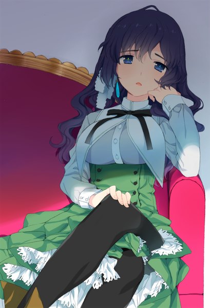 Anime picture 700x1027 with original donacoo single long hair tall image looking at viewer open mouth blue eyes black hair sitting crossed legs girl dress