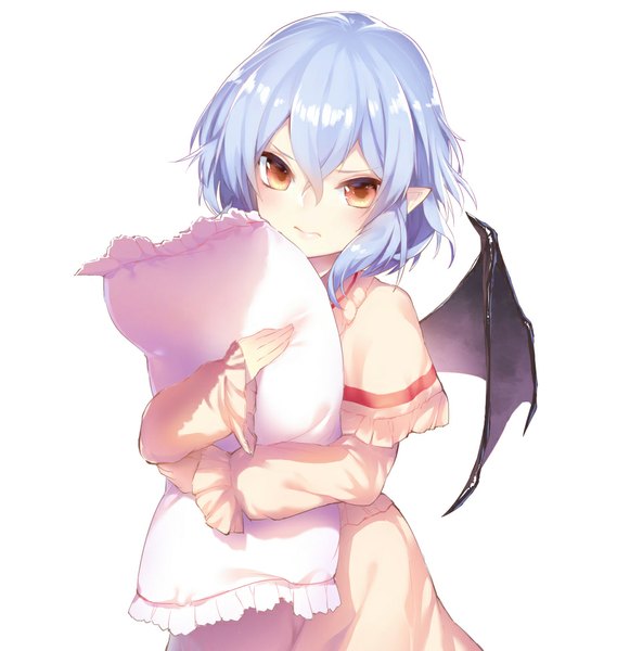 Anime picture 925x975 with touhou remilia scarlet terada yuki single tall image looking at viewer fringe short hair simple background white background brown eyes yellow eyes blue hair pointy ears sunlight hug bat wings girl wings pillow