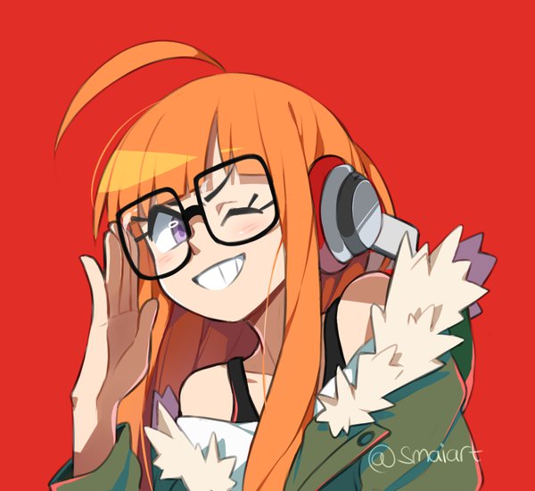 Anime picture 1111x1019 with persona 5 persona sakura futaba sami briggs single long hair open mouth simple background smile purple eyes signed upper body ahoge one eye closed orange hair fur trim twitter username red background ;d adjusting glasses