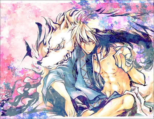 Anime picture 1000x774 with nurarihyon no mago nurarihyon long hair light erotic black hair smile bare shoulders yellow eyes white hair traditional clothes japanese clothes multicolored hair teeth fang (fangs) boy wolf
