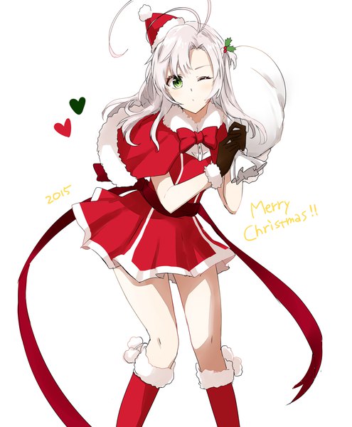 Anime picture 1650x2000 with kantai collection kinugasa heavy cruiser morinaga (harumori) single long hair tall image looking at viewer simple background standing white background green eyes ahoge white hair one eye closed wink fur trim christmas merry christmas remodel (kantai collection) 2015