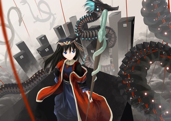 Anime picture 1300x919 with original arufa (hourai-sugar) long hair blue eyes black hair girl building (buildings) staff dragon snake