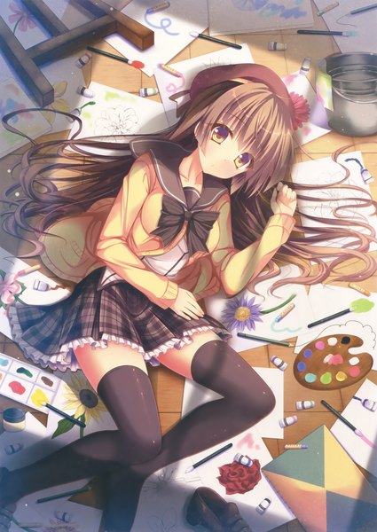 Anime picture 2339x3300 with original eshi 100-nin ten suzukawa yui single long hair tall image looking at viewer blush highres brown hair brown eyes scan official art girl thighhighs skirt uniform black thighhighs school uniform bowtie