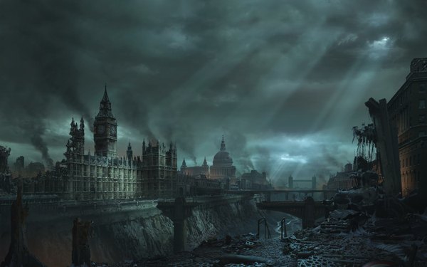 Anime picture 2000x1250 with original tagme (artist) highres wide image city cityscape ruins post-apocalyptic building (buildings) london