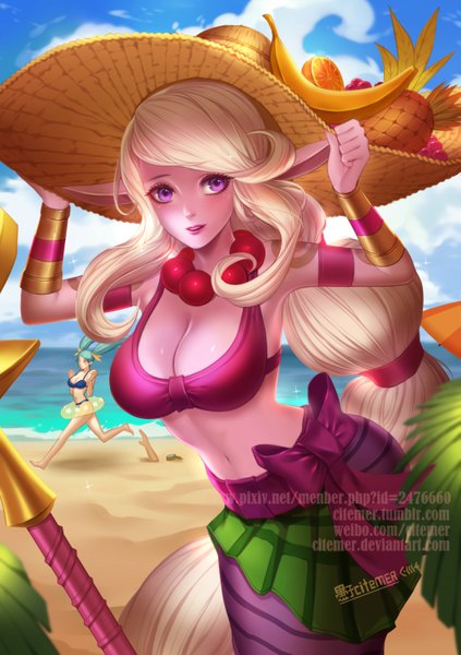 Anime picture 1013x1438 with league of legends sona buvelle soraka (league of legends) gu-ko citemer tall image looking at viewer blush fringe breasts light erotic blonde hair large breasts purple eyes multiple girls sky cloud (clouds) eyes closed very long hair pointy ears aqua hair