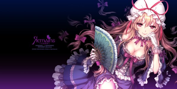 Anime picture 1200x605 with touhou yakumo yukari an2a single long hair looking at viewer highres light erotic simple background blonde hair smile red eyes wide image sitting frilled dress purple background girl thighhighs dress gloves