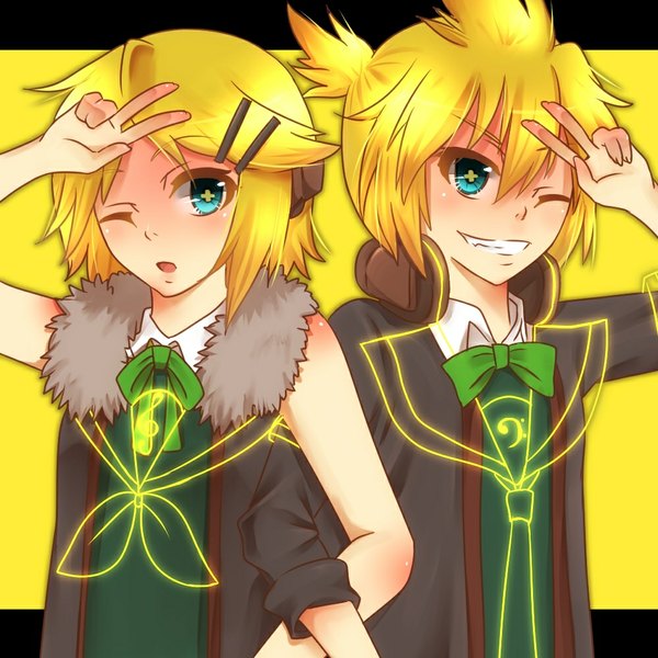 Anime picture 1000x1000 with vocaloid kagamine rin kagamine len wk (artist) short hair open mouth blue eyes blonde hair bare shoulders one eye closed wink victory girl boy hair ornament hairclip headphones bowtie
