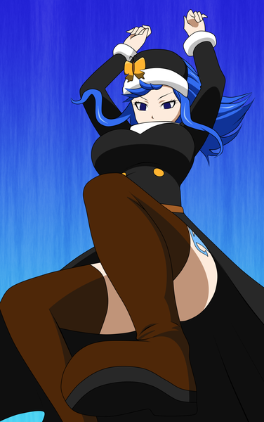 Anime picture 1024x1633 with fairy tail juvia lockser maddog05 single long hair tall image blue eyes blue hair tattoo coloring blue background girl bow fur thigh boots buttons coat cap