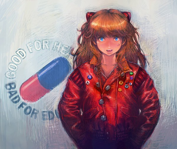 Anime picture 1000x844 with neon genesis evangelion akira gainax soryu asuka langley boyaking(sbf) single long hair looking at viewer open mouth blue eyes simple background orange hair hands in pockets bandaid on face girl jacket bandaid badge pills
