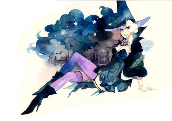 Anime picture 1684x1190 with original temoshi (artist) single highres smile white background sky multicolored hair grey eyes witch traditional media watercolor (medium) girl thighhighs shoes bracelet star (stars) jewelry witch hat dragon