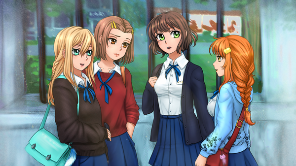 Anime picture 1920x1080 with my lovely sister (eroge) olia (my lovely sister) orika nekoi long hair fringe highres short hair open mouth blonde hair smile brown hair wide image multiple girls brown eyes green eyes yellow eyes aqua eyes orange hair girl skirt