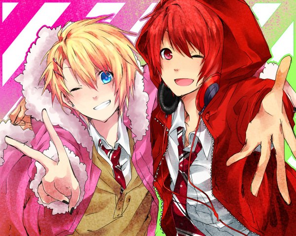 Anime picture 1280x1024 with uta no prince-sama a-1 pictures ittoki otoya kurusu shou naru (andante) short hair open mouth blue eyes simple background blonde hair smile red eyes red hair one eye closed wink multiple boys victory boy hair ornament shirt