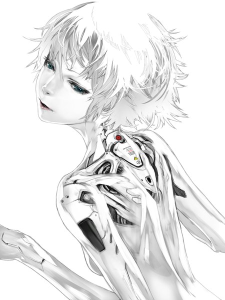 Anime picture 1200x1600 with beatless redjuice single tall image short hair blue eyes simple background white background white hair looking back inscription pale skin transparent spiked hair girl android cyborg