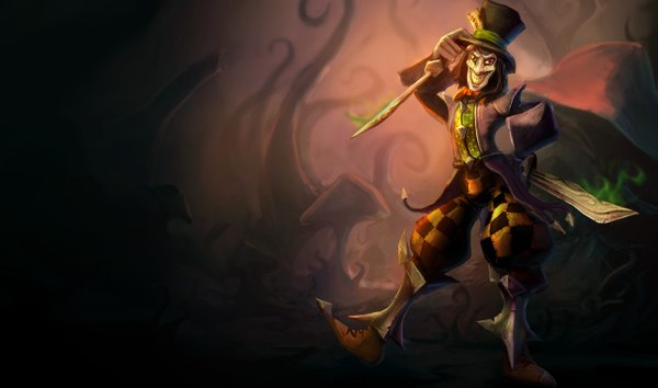 Anime picture 1215x717 with league of legends shaco (league of legends) single short hair red eyes wide image standing crazy smile crazy crazy eyes boy gloves hat shoes pants top hat